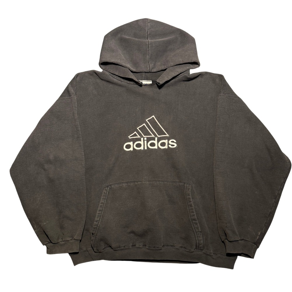 KILLER Vintage Adidas 90s Embroidered Logo Hoodie Faded Black XL